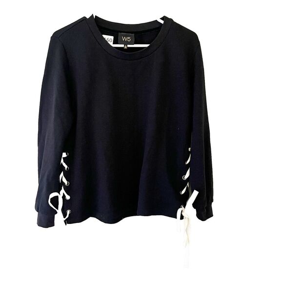 Anthropologie W5 Women Black Pullover Sweatshirt S Lace Up Side Tie Long Sleeve - Picture 1 of 7